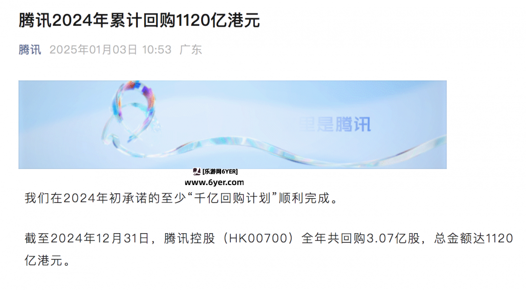 腾讯2024年累计回购1120亿港元 总股本降至十年最低