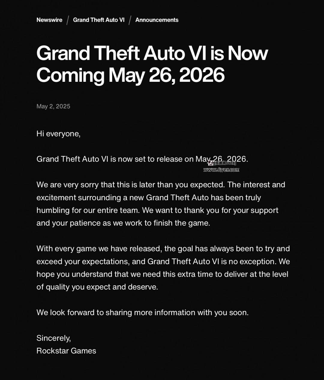 R星官宣《GTA6》跳票！延期至2026年5月26日发售